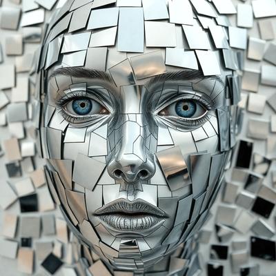 The primary subject of the image is a close-up of a face, specifically a woman's face, with a silver or metallic appearance. The setting is a room, and the visual style is a combination of photo and digital art. The colors are predominantly silver and gray, giving the image a futuristic and modern mood.